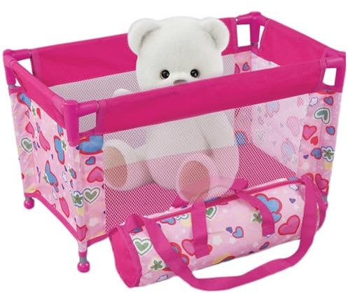 Cuna de muñecas para bebés para muñecas de 18 '', Cama de muñeca de Malla Plegable, patrón de corazón, Paquete portátil y Juego con Bolsa de Transporte para niños más de 3 Regalos, Juguetes