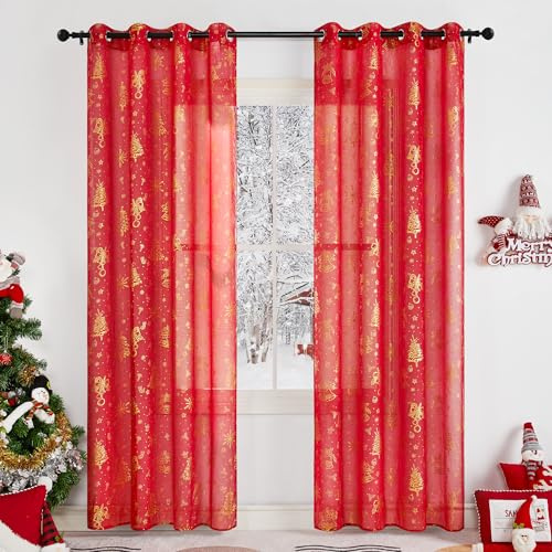 KGORGE Cortinas Salon Modernas 2 Piezas, Visillos Translucidos Fitrado de Luz con Ojales Estampdas Navideños para Dormitorio/Habitacion Infantil/Comedor,140x240cm,Rojo