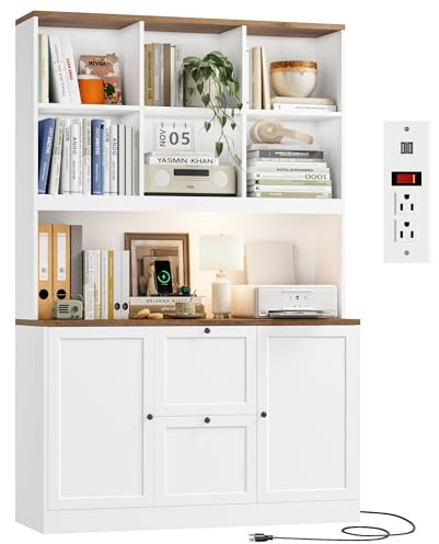 HIFIT 72'' Tall File Bookcase with Power Outlet & Printer Stand, 2 Drawer Filing Cabinets for Home Office Fit Hanging A4 File, Storage Cabinet w/ 3 Tier Open Book Shelf & Doors for Living Room, White