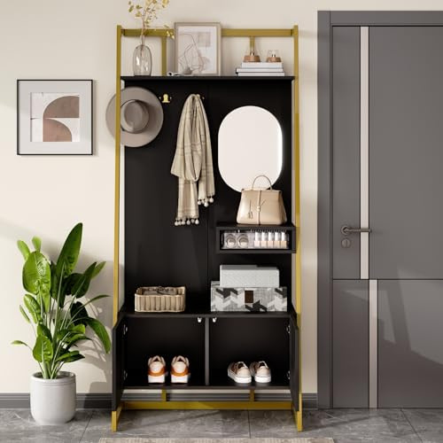 Ensemble de vestiaire Porte-Manteau Compact Minimaliste Moderne avec Armoire de Rangement Ouverte multifonctionnelle à Miroir, Crochets métalliques et Banc à Chaussures (Black)
