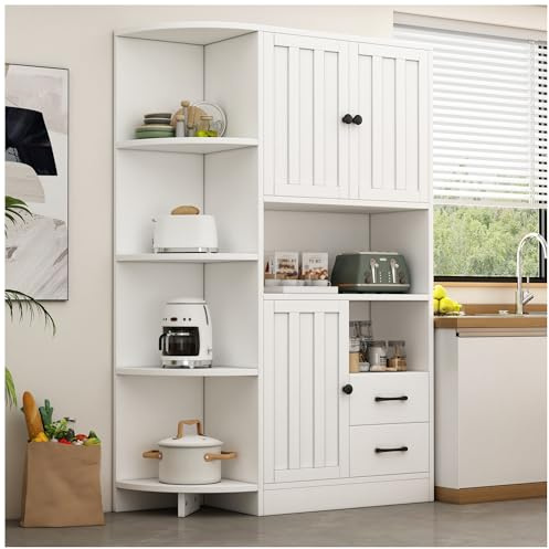 Wyibwy Mobile angolare 104x35x155 cm, con 3 armadietti, 2 cassetti e 6 scomparti Mobile da salotto, libreria e armadio alto Credenza moderna, bianca