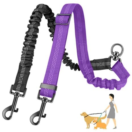 OUDQFCJ Guinzaglio doppio per cani, senza grovigli, nessun aggrovigliamento, girevole a 360°, fissaggio del cavo riflettente, moschettone, per cani di piccola taglia media e grande taglia (Nero+Viola)