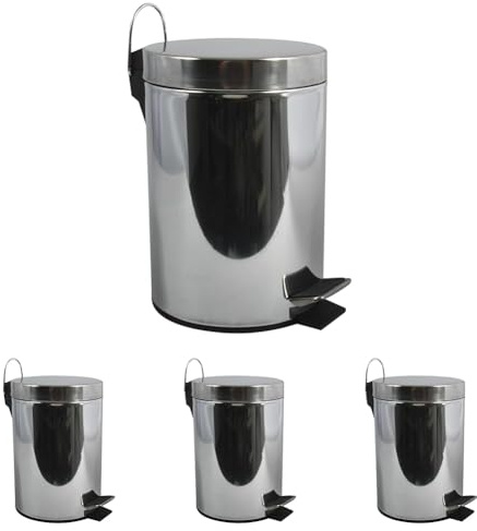 MSV - Poubelle Cosmétique Salle de Bain - Acier Inoxydable avec Seau Intérieur Amovible - Poubelle à Pédale Élégante - Compacte et Pratique - Argent - 3L (Lot de 4)