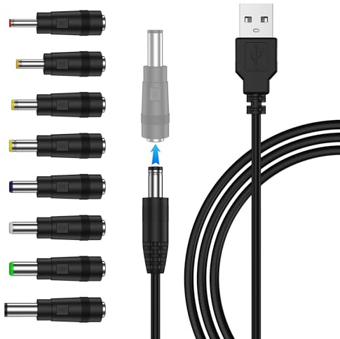 Amzpas Cavo di Alimentazione da USB a DC 5V, cavo di jack universale DC 5,5x2,1mm con Barrel Tips CC, 8 connettore per Laptop,Smart phone,Router,Power bank,Router cavetto usb (Nero)