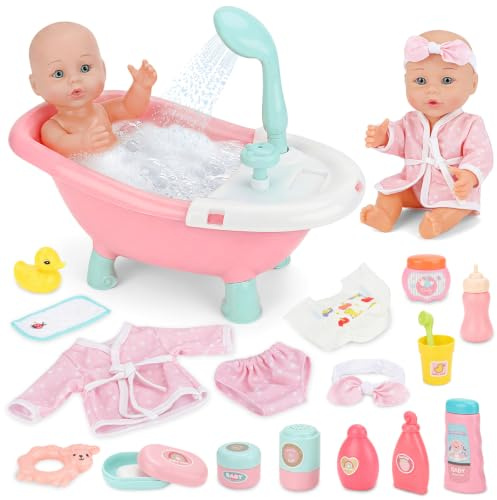 deAO Babydocka med badkar och tillbehör, 30 cm baddocka för flickor | Docktillbehör lekset med fungerande duschvattenpump, babydocka med badrockar, flaskor, blöjor och vårdtillbehör