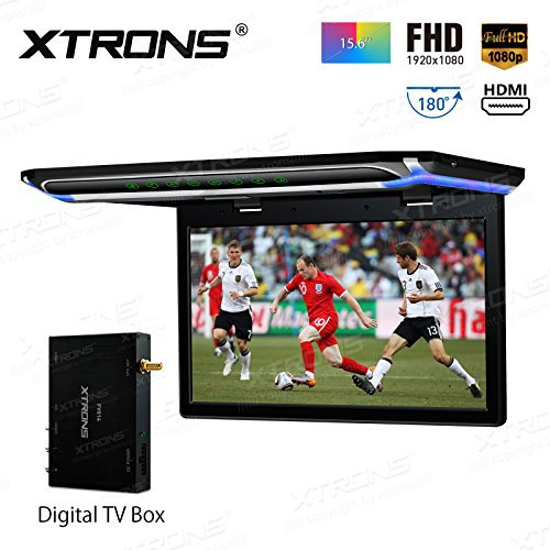 XTRONS 15.6 Inch Ultra-thin Car Ceiling Roof Mounted TFT 180° Max Open Angle 1080P Video Car Overhead Player Roof Mounted Monitor with HDMI/USB/SD Door Control Colourful Aura Lights TV Box Included