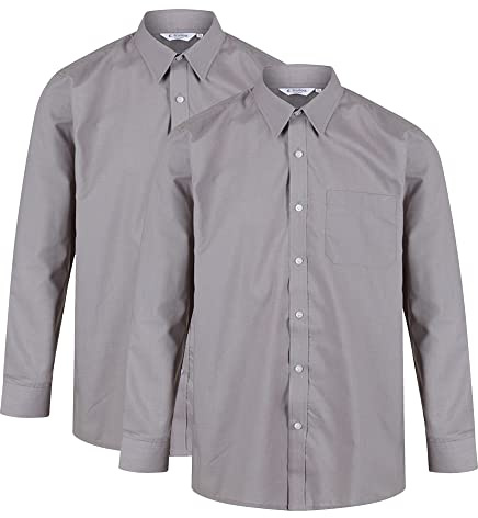 Trutex Boys Grey School Shirts 2 Pack – Long Sleeve Non Iron Cotton Uniform Shirts, Easy Care (13 Years)
