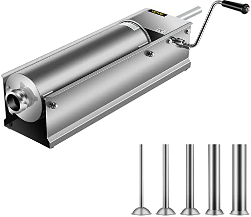Happybuy Horizontal Sausage Stuffer 7L/15Lbs Manual Sausage Maker With 5 Filling Nozzles Sausage Stuffing Machine For Home & Commercial Use Stainless Steel