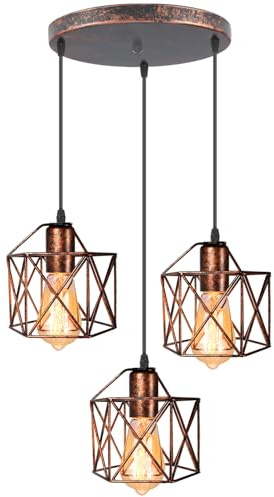 iDEGU hängande lampa med 3 lampor vintagelampa i industriell design, sexkantig burlampskärm av metall E27 taklampa retro pendellampa för matsal, sovrum, hall (rondell, rost)