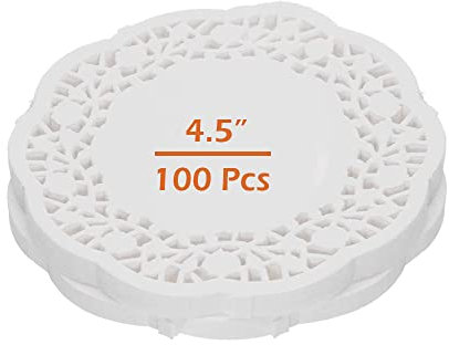 Centrini di Carta Rotondo,100 PCS Merletto Carta Sottobicchieri Centrini Bianchi in Carta Usa e Getta per Biscotti Prodotti da Forno Matrimoni Festa di Compleanno Decorazione di Stoviglie 4,5