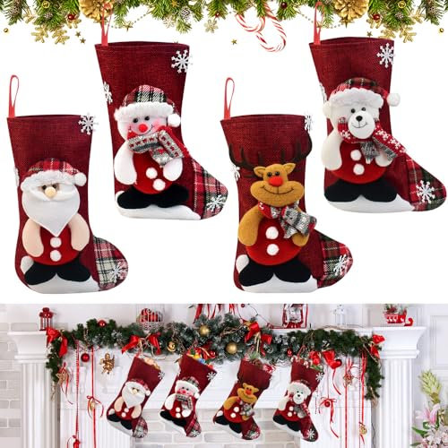 SCHYIDA Weihnachtsstrumpf 4er Set Weihnachten Hängende Strümpfe Nikolaussocke Nikolausstrumpf Personalisiert Weihnachtsgeschenktasche Weihnachtssocken Hängende Strümpfe Nikolausstiefel zum Befüllen