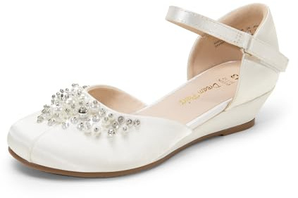 DREAM PAIRS Girls Dress Shoes, Glittering Low Wedge Heels with Pearls Rhinestones, Soft Cushioning, Hook-and-Loop Straps, Non-Slip Outsole, Party Formal Wear, Size 11 Little Kid,Ivory,SDFL2414K