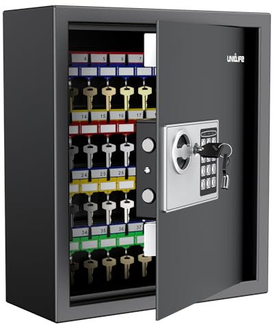 Uniclife 70 Position Key Cabinet with Combination & Key Lock Wall Mounted Key Organizer Resettable Black Digital Security Key Safe with Keypad Lock Adjustable Racks Colorful Key Tags & Permanent Pen