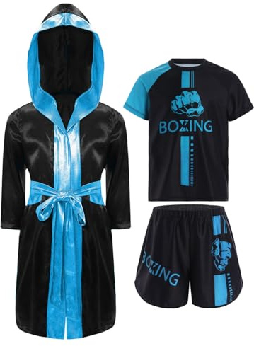Oyolan Barn pojke boxningsshorts och T-shirt badrock boxningsklänning huvtröja set Muay Thai MMA sparkar boxning, Himmelsblå, 11-12 ans