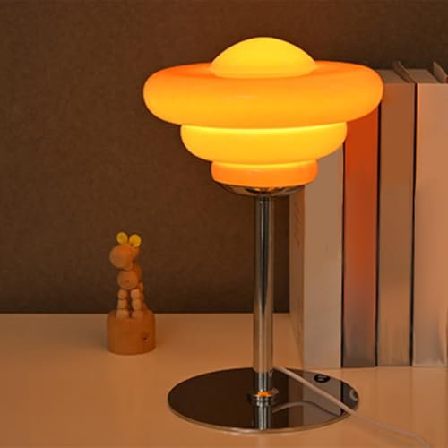 PASSHA Vintage Tischlampe Orange LED Tischleuchte 3 Farbtemperatur Nachttischlampe mit Kabel 3000K/4500K/6000K Pilz Lampe aus Glas Schirm Deko Lampe Nachtlicht für Wohnzimmer Schlafzimmer,Orange