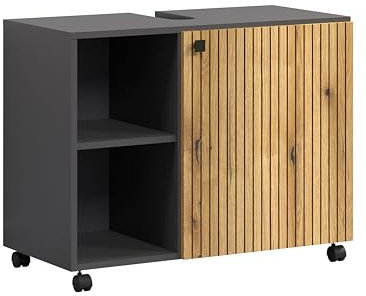 trendteam smart living - PureBliss - Armario para Debajo del Lavabo con Ruedas - Antracita/Evoke Roble - Aspecto Acanalado - 2 Compartimentos Abiertos + 1 Estante - 80 x 64 x 42 cm - Asas de Metal