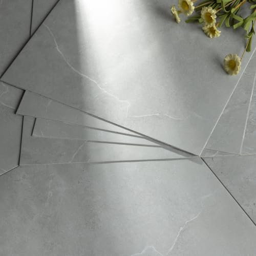 Lot de 52 revêtements de sol en PVC autocollant extra résistant à l'abrasion - Revêtement de sol en PVC autocollant imperméable - Effet marbre gris clair - Pour cuisine, salle de bain, chambre à