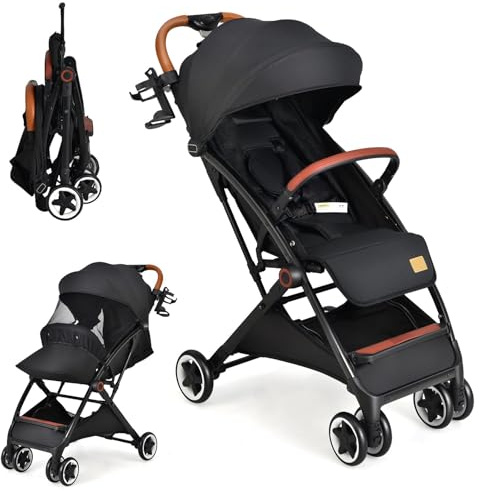 COSTWAY Vikbar barnvagn, resevagn med liggfunktion, barnvagn med justerbart ryggstöd och dold, lätt babyvagn med 5-punktsbälte för baby upp till 3 år, 15 kg (svart)