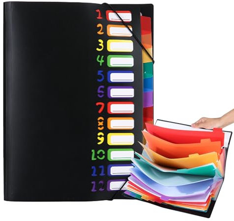 Dokumentenmappe A4, Fächermappe A4, Tragbar Fächermappe mit 12 Fächern, Mappen Ordnersystem, PP Kunststoff Ordnungsmappe Pultordner mit Gummizug Bunte Wasserdicht Ordnungsmappe für Schule Bürobedarf