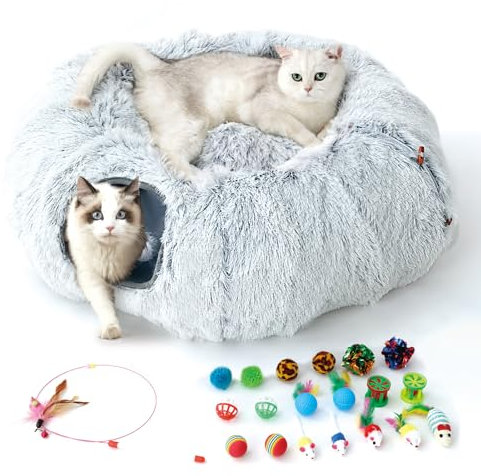 FURRYPAWS Katzentunnel XXL 3-in-1 für Katzen – 160cm Tunnel & Katzenbett, Verstellbar (S/C/Rund), Atmungsaktiv, Starker Metallrahmen, 20 Zubehör, Klappbar für Große Katzen & Kleintiere