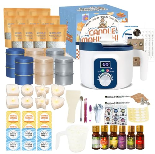Kit de Fabrication Bougie Parfumée pour Adultes avec Fondoir Cire Bougie Electrique, Cire de Soja, 12 Pots, 8 Photophores, 6 Parfums et Coffrets Cadeaux