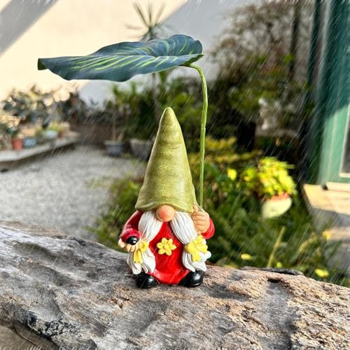 Garden Female Gnome Statue Decoration with Leaf Umbrella, 6.5” Figurine Ornament for Indoor Outdoor Home Patio Yard Lawn, for Gnome Lovers & Garden Enthusiasts,Mom,Women (Green Female)