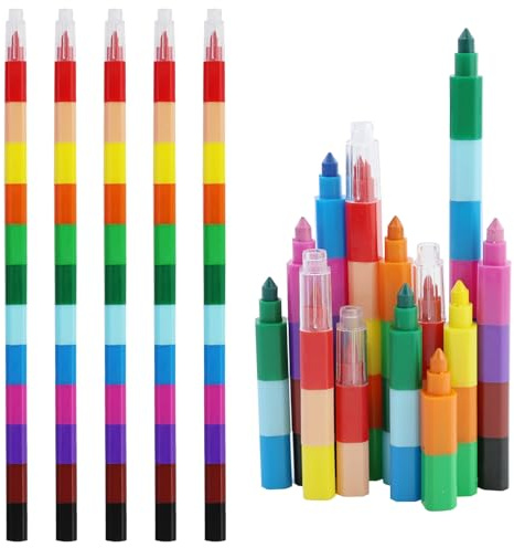 DAVIDJAMESCLARKE Lot de 16 crayons de cire empilables, 12 couleurs - Crayons de couleur empilables pour enfants - Crayons de cire enfichables - Pour enfants et souvenirs