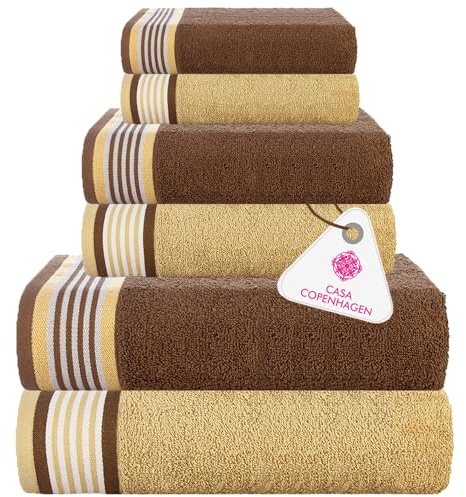 Casa Copenhagen Ensemble Serviettes 6 pcs He & She, Marron+ Beige, 550 g/m², 2 Bain, 2 essuie-Mains, 2 Gants Toilette, conçu au Danemark, fabriqué à partir de en Coton égyptien pour Cuisine Douche