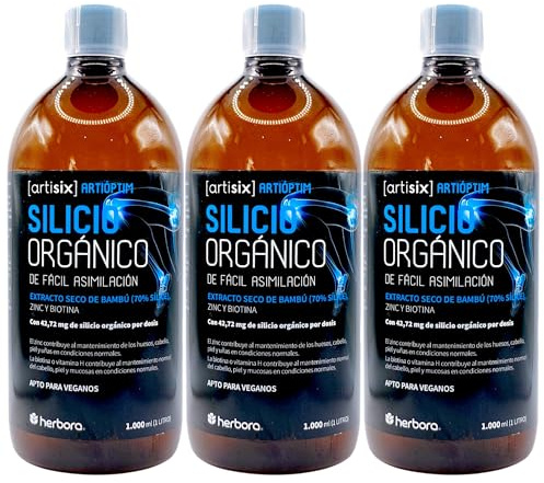 Herbora Silicio Orgánico - Pack Ahorro 3 x 1 Litro - Extracto de Bambú de Alta Asimilación con Zinc y Biotina - Refuerzo para Articulaciones, Huesos, Cabello, Piel y Uñas - Suplemento Líquido