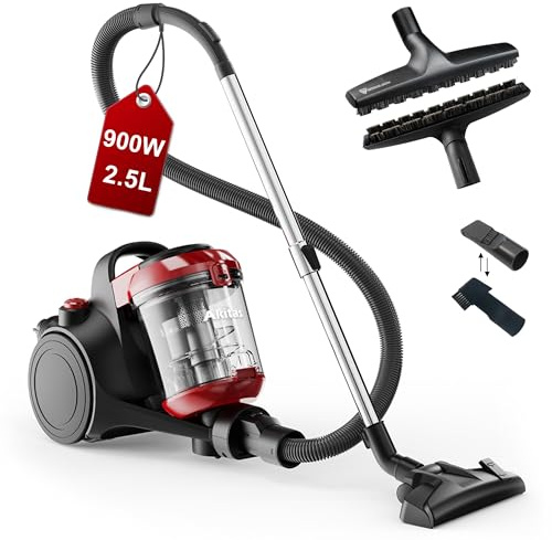 Akitas C10P Aspiradora sin Bolsa 900 W – Cepillo para Suelos Duros Wessel Werk D320 alemán de Pelo Natural (32 cm), Ideal para parquet, Laminado y baldosas