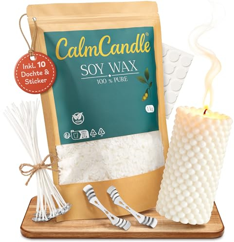 CalmCandle 1 kg de Cire de soja avec 10 mèches, 10 étiquettes adhésives et 2 Supports de mèche – 100% végétale et Blanche | 2 kg de Cire à Bougie à fabriquer soi-même (2, Kilogrammes)