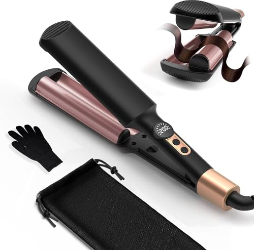 UKLISS Hair Waver - Mini Crimper, Pro Beach Waves Curler 250-400℉, 2 Barrels Mermaid Waver for Wavy Hair, Lightweight & Compact Size Wave Curling Iron Crimpers for Women, Double Voltage (Rose Gold)