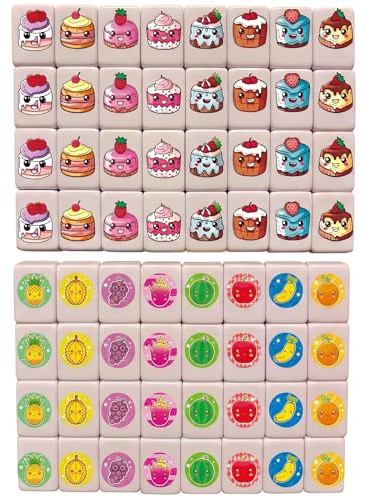 Temeemeg Mahjong 65 pièces Ensemble de Jeu de Mahjong tuiles Dessin animé Nourriture Mignonne Jeu société Portable 24 mm idéal pour Les réunions Famille et Les Voyages