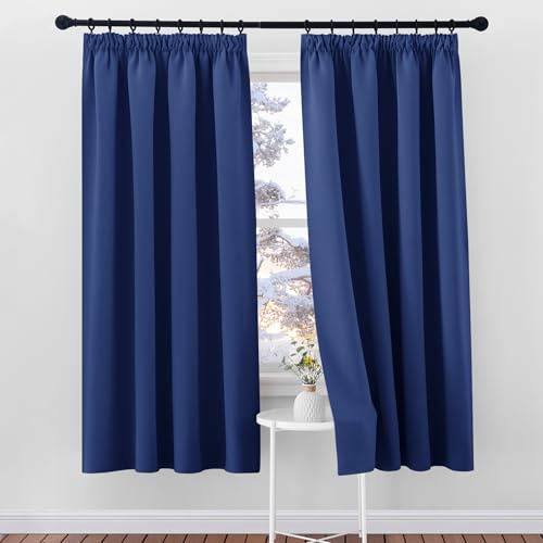 PONY DANCE Blackout Pencil Pleat Curtains, Blue, W46 x L72 Inch, 2 Panels | Thermal Insulated Curtains with Noise Reducing & Privacy, Luxury Soft Window Treatment for Bedroom & Living Room