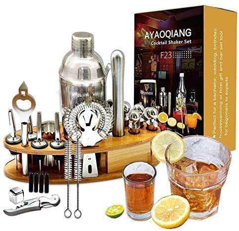 AYAOQIANG Shaker Cocktail 23 Pièces, Acier Inoxydable 750ml, Professionnel avec Accessoires, Support en Bois, Cocktail Set Cadeau de Noel, Outil de Bar.