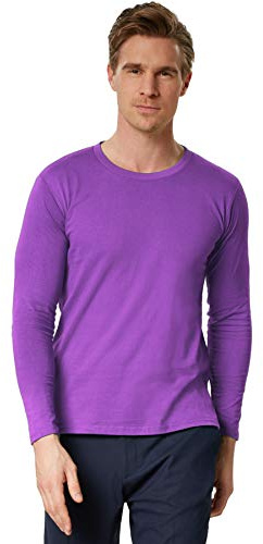 dressforfun 901001 Camiseta para Hombre Manga Larga, Cuello Redondo, 100% Algodón, Vestimenta Deportiva -Varios Modelos - (M | Lila | Nr. 304016)