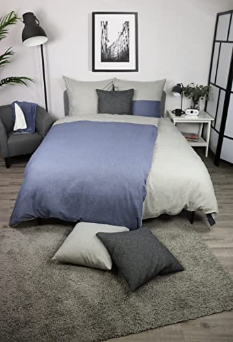 jilda-tex Biber Bettwäsche Made IN Germany Melange 135x200 cm + 80x80 cm 100% Baumwolle Feinbiberbettwäsche Edel-Flanell Verschiedene Größen/Farben (Jeansblau/Streifen Hellgrau, 135 x 200 cm)