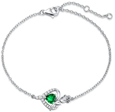 FANCIME Rose Heart Bracelets for Women 925 Sterling Silver May Birthstone Green Emerald Bracelet Fine Jewellery Gifts Christmas Birthday Valentine's Mother's Day Present for Her Wife Ladies Mum