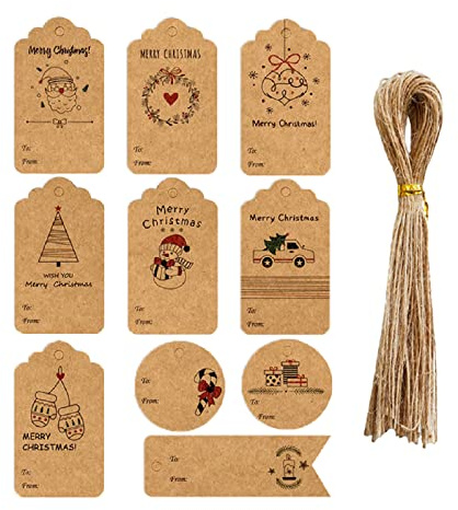 iKesoce 50 Pz Etichette Regalo per Natale, Tag Regalo con Spago di Iuta Etichette in Carta Kraft per Artigianato Decorazioni albero di Natale