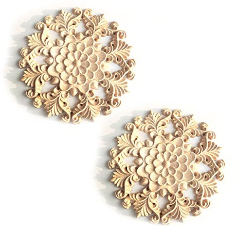 Hezhou 2PCS Holz Ornament Holzornamente für Möbel Vintage Deko Geschnitztes Holz Skulptur Applique Onlay Lange Geschnitzte Holzschnitzerei Applikation Unbemalte für Möbel (Rund)