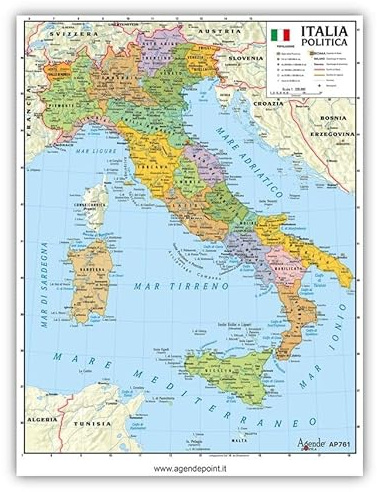 Agendepoint.it Carte Italie géographique physique politique A4 plastifiée polie double face pour usage scolaire 21 x 30 cm régions couleurs vives détaillées