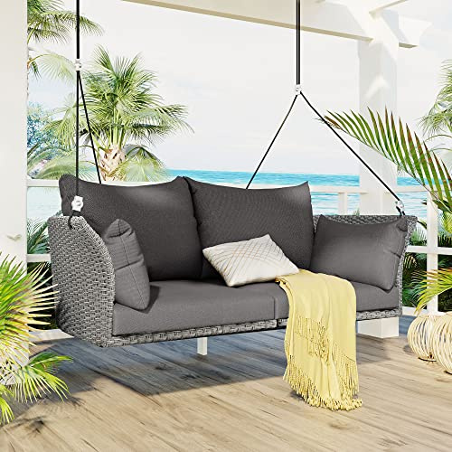 51.9'' Porch Swing Loveseat, Outdoor Patio Furniture Rattan Wicker Swing Chair with Adjustable Ropes and Half Round Base, 2-Person Hanging Seat Porch Swing Bench (Gray Wicker + Light Gray Cushion)