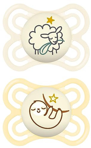 MAM Perfect Night Schnuller im 2er-Set, leuchtend im Dunkeln, zahnfreundlicher Baby Schnuller aus nachhaltigen & bio-erneuerbaren Materialien, mit Schnullerbox, 0-6 Monate, Schaf/Faultier