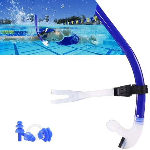 Swim Snorkel for Lap Swimming,Adult Swimmers Snorkeling Gear for Swimming Snorkel Training in Pool and Open Water,Center Comfortable Silicone Mouthpiece One-Way Purge Valve,With Nose Clip and Earplug