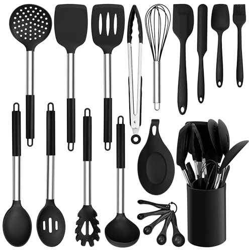 HaWare Küchenhelfer Set, 20 Stück Silikon Küchenutensilien Kochbesteck Set, Schwarz Kochgeschirr Kochutensilien mit Edelstahlgriff, Hitzebeständiges Küchenset mit Utensilienhalter, Spülmaschinenfest