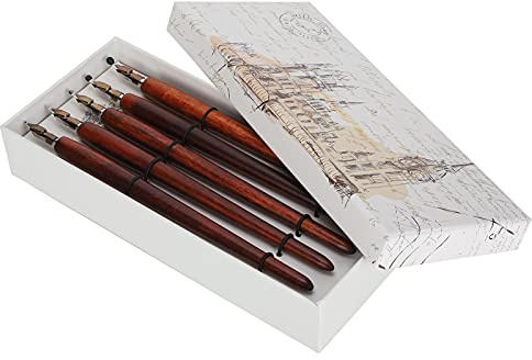 Trähandtag Dip Pen Set, 5 Spetsstorlekar, Konstnärlig Kalligrafi Reservoarpenna, Presentförpackning, Lätt Att Använda och Utsökt Skrift, Presentval för Lärare och