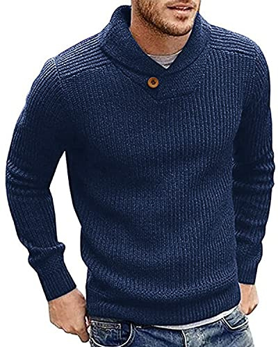 Runcati Mens Jumper Shawl Collar Fine Knit Pullover Winter Elegant Sweater Regular Fit Knitwear Tops, Blue, XL