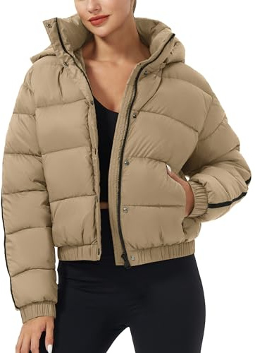 Pioneer Camp Veste d'hiver pour femme Puffer 3/4 Jack épaisseur moyenne Veste courte cropped hydrofuge Doudoune avec capuches, Kaki clair, L