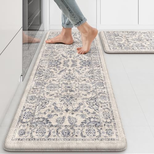 KIMODE Anti Fatigue Kitchen Mats for Floor, Boho Floral Kitchen Rugs 17x29.5+17 x47”, Cushioned Mats for Kitchen Floor, Non Slip Kitchen Floor Mats, Sink, Laundry, Office, Desk Blue Multi