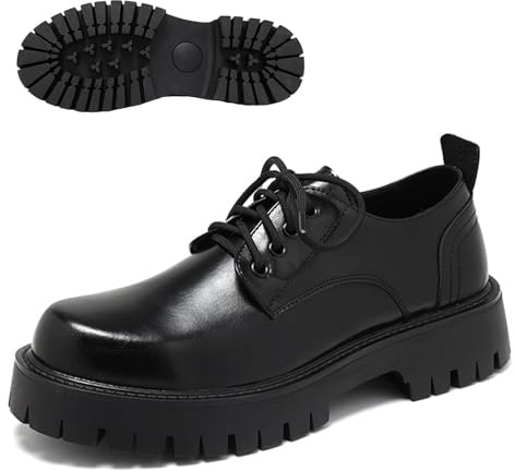 Men's Leather Platform Block Heel Oxfords Classic Round Toe Lace Up Lug Sole Soft Bottom Business Work Dress Shoes Non-Slip Heightening Derby Shoes (Black,12)
